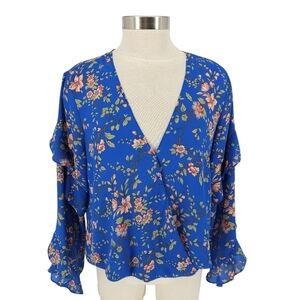 Max Studio Faux Wrap Blouse Blue Floral Ruffle Long Sleeve Shirt Large